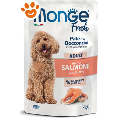 Monge Fresh Dog Adult Paté con Bocconcini ricco in Salmone - Bustina 85 Gr - Cibo Umido Cani