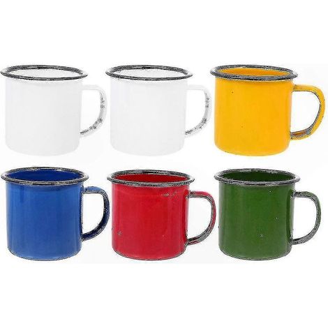 Un ensemble de 6 tasses de camping en émail, au design rétro, résistantes et adaptées au café, au thé et autres boissons. (1/2)
