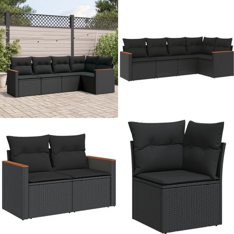 Salon de jardin 5 pcs avec coussins noir résine tressée - Salon De Jardin - Mobilier Extérieur - Canapé D'angle - Set Salon De Jardin - Résine Tressée - Home & Living (1/5)