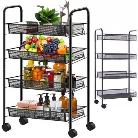 Regal, Küchen- oder Badezimmerschrank auf Rollen, 4 Körbe, Schwarz, 85 cm