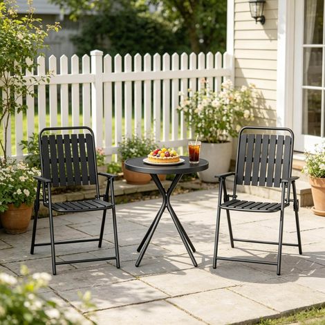 Ensemble de jardin 3 pièces avec table pliante ronde, chaises pliantes, noir, fer et verre (1/5)