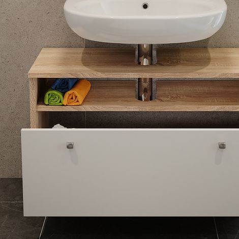 Mobiletto per lavabo Fynn, Sonoma/Bianco, 80.2 x 54 cm con cassetto, Vicco