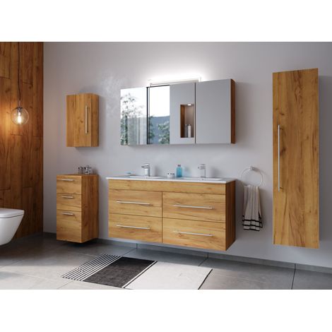 Badmöbelset Helios 5-teilig Spiegelschrank Hoch- Seiten- Midischrank eiche gold (1/5)