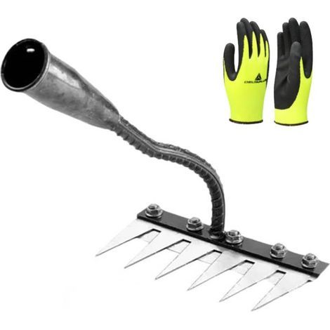 Rastrillo de jardín de acero al carbono de 6 dientes con guantes de poliéster, rastrillo de jardín de metal resistente, rastrillo de hierro para deshierbar el jardín, rastrillo de jardín, guantes recu (1/5)