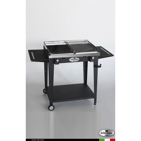 Grill 8.6 Inox  Piastra mista - Grigio antracite - Con portapiatti - Senza paraschizzi - Con kit mensola e ruote - barbecue, griglia, giardino, carne, a gas, acciaio made in Italy