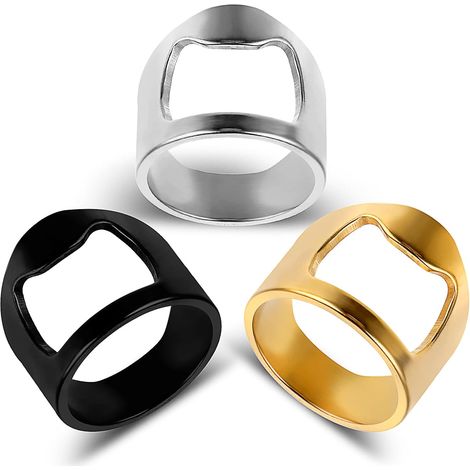 BEBUSINGOTO Bierflaschenöffner-Ring (Größe 9), 3-teiliges Flaschenöffner-Set, coole Fingerhüllen für Männer für Frauen, Partygeschenke, Schwarz, Gold und Silber (1/5)
