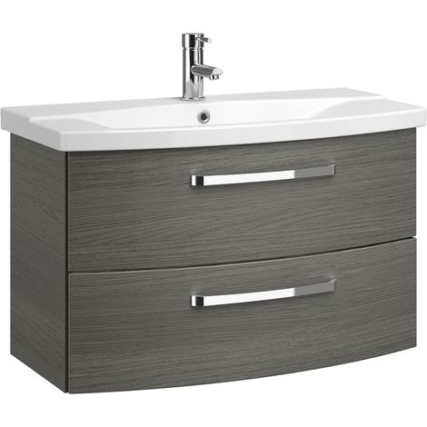 Badezimmer Waschtisch FES-4010-66 mit 80cm Unterschrank & Keramikbecken in Dekor Graphit Struktur quer Nb. - B/H/T: 84/54/46cm (1/4)