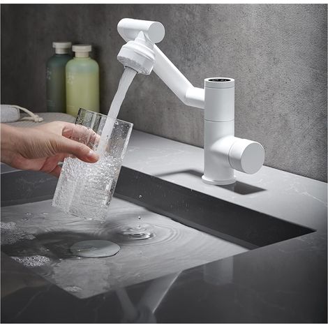 Robinet Pliant Universel Affichage numérique Chaud et Froid Robinet en Acier Inoxydable avec Grand Angle Rotation Spray Double Fonction(Blanc) (1/5)