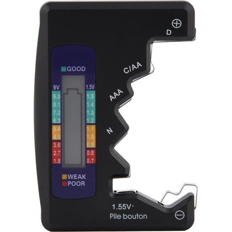 Mini testeur de batterie ABS Contrôleur de batterie avec écran LCD pour batterie de type D, batterie de type C N ° 5/7/N, LR44 (1.5v Pile bouton), batterie 9V, 6F22 (Noir) (1/5)