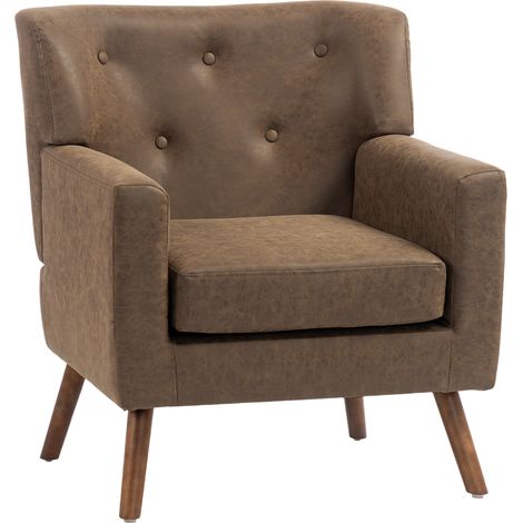 HOMCOM sillón relax, sofá individual, tapizado en pu, cojín de asiento con muelles, respaldo acolchado, patas de madera, 72x76x80 cm, marrón (1/5)