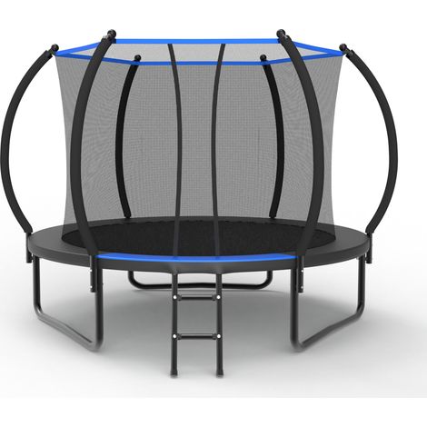 Trampolín redondo 305x305x248 cm de acero negro y azul con red de seguridad, para jardín – MEUBLIV (1/5)