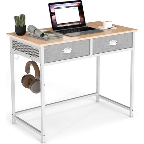 COSTWAY Computer Desk Space Saving Home Office Desk w/2 Fabric Drawers-Natural (1/5)
