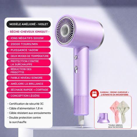 Sèche-cheveux ionique 1400W violet avec concentrateur et bonnet de séchage violet 460 g – Livraison gratuite