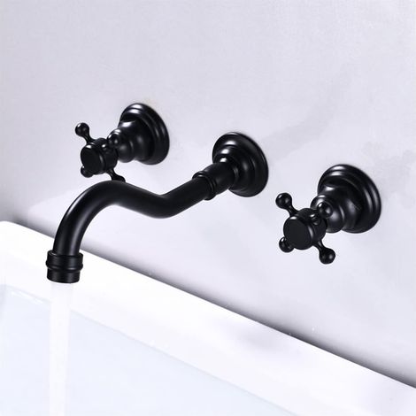 An der Wand montierter Badezimmerhahn, Spültisch-Mischbatterie, Warm- und Kaltwassermischer, kein Auslaufen, einfache und schnelle Installation - Schwarz