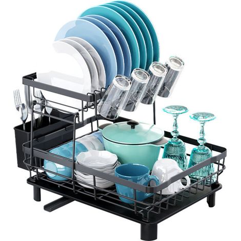 Egoutoire Vaisselle Cuisine, égouttoir Vaisselle en Acier Inoxydable avec Porte-Gobelets et Porte-Ustensiles, Noir Séchoir à Vaisselle Rangement Vaisselle avec Vidange Automatique (1/5)