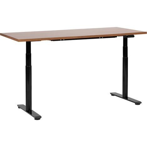 Bureau Électrique Hauteur Réglable Design Moderne Pieds Ronds 160 x 72 cm Plateau Bois Foncé et Cadre Acier Noir DESTINAS
