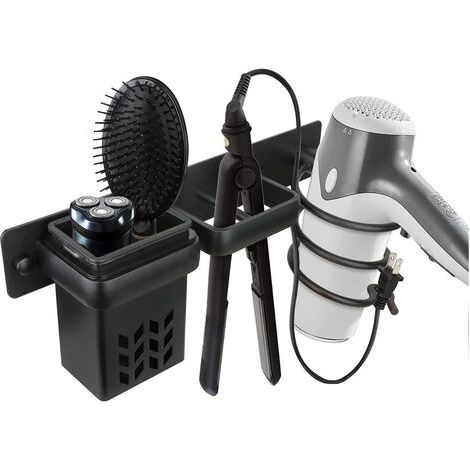 Bathroom Hair Dryer Storage Holder Accessories Organizer Set and Professional Wall Mounted Aluminum Hair Straightener Accessory, Shelf with Holes for Silver Black (1/5)
