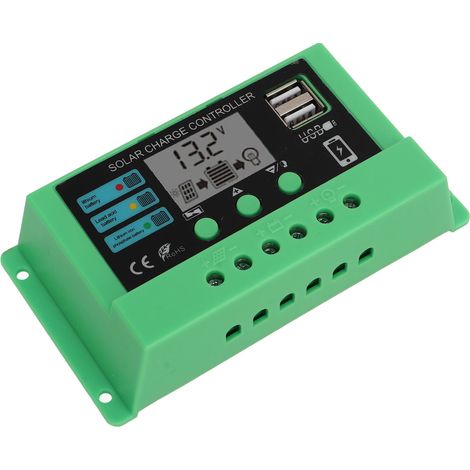 Régulateur Solaire PWM Chargeur Panneau Adaptatif 12V 24V Écran LCD Réglable Boîtier Vert 10A (1/5)