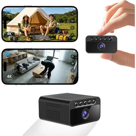Mini Camera de Surveillance, WiFi/sans Wi-FI, 4K Camera Surveillance WiFi Interieur sans Fil, Vision Nocturne, Détection Mouvement, Camera Espion pour Maison/Pet/Interieur/Extérieur, Noir (1/5)