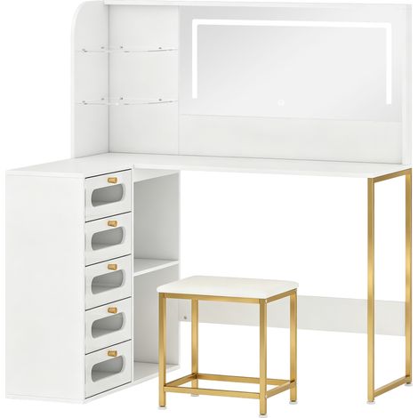 Coiffeuse avec miroir LED réglable et tabouret, blanche (1/5)