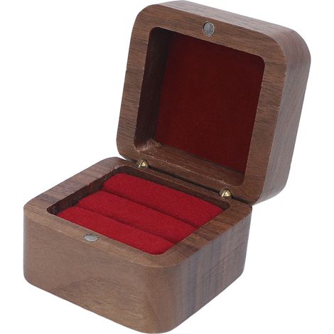 Elegante Mini-Ringbox aus Holz im Retro-Stil für Verlobung und Hochzeit, 5,5 cm, weinrotes Kissen, zwei Fächer (1/5)