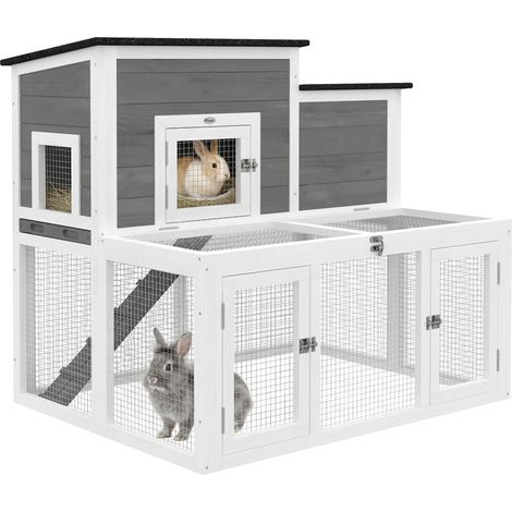 PawHut Wooden Rabbit Hutch, Outdoor Bunny Cage with Waterproof Roof