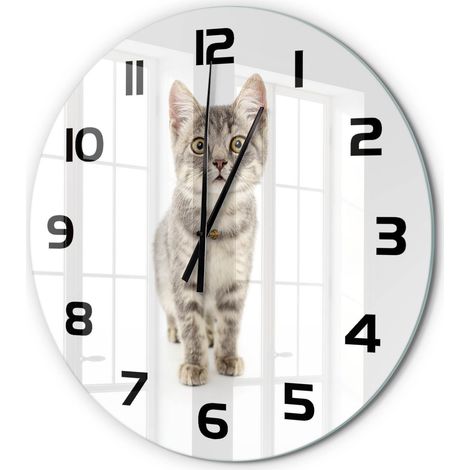 Horloge Murale Ronde Maison et Bureau Verre Trempé Mouvement Silencieux Chat gris fi 60 cm (1/5)