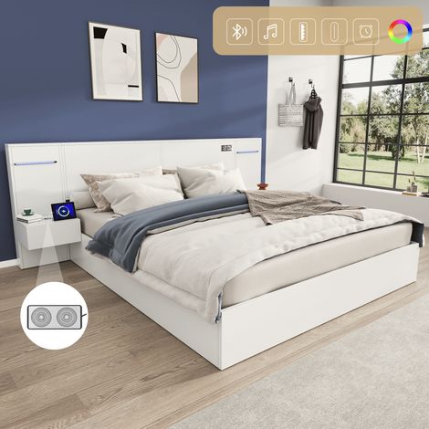 Lit double bois 160x200cm avec port USB réveil Bluetooth bande lumineuse 2 tables de chevet blanc