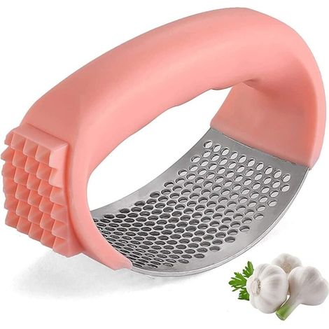Schaukelnde Knoblauchpresse, 2-in-1-Multifunktionsgerät, Knoblauchpresse, Knoblauchhacker aus Edelstahl, Reinigungsbürste und Orangenschäler (rosa) (1/5)