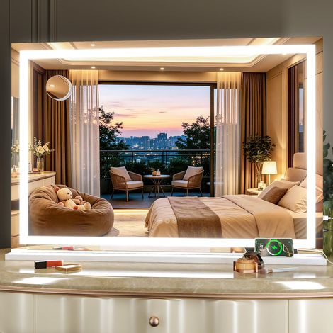 Miroir de beauté avec lumières, 95 x 65 cm Miroir de Maquillage LED avec grossissement 10x et 3 températures de Couleur, Miroir de Table à Commande Tactile, Rotation à 360°, carré Blanc (1/5)