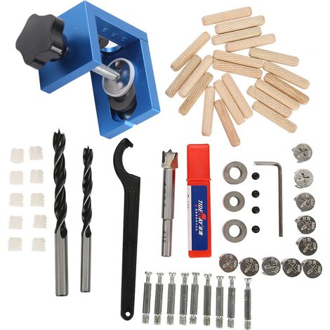 Guide de perçage pour tourillons, kit de positionnement menuiserie avec forets 8/10mm et scie cloche 15mm, acier robuste (1/5)