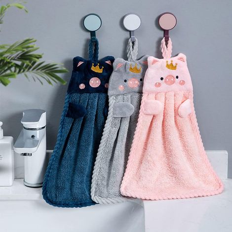 Ensemble de 3 serviettes de bain à motifs de dessins animés avec boucle de suspension, pour la cuisine et la salle de bain des enfants. (1/4)
