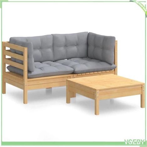 Salon de jardin 3 pièces - FAFEICY - 3096015 - Bois de pin massif - Modulable - Coussins gris (1/5)