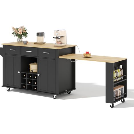 Isla de cocina móvil con encimera extensible 136 x 50 x 93 cm MDF negro y efecto madera (1/5)