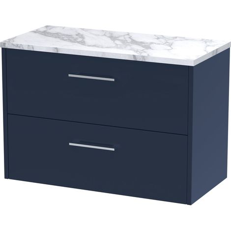 Winshill Contemporary 2 Drawer Wall Hung Vanity Unit with Laminate Worktop, Dark Blue, 800mm