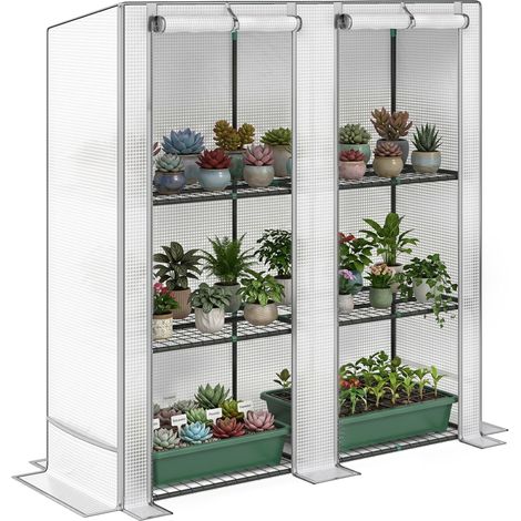Serre de jardin avec 2 portes enroulables, étagère à 3 niveaux et poches latérales, blanc et gris