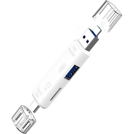 Adaptateur OTG 5 en 1 USB 2.0 Type-C/USB/Micro-USB/TF/Lecteur de cartes mémoire, accessoire pour téléphone portable, blanc (1/5)