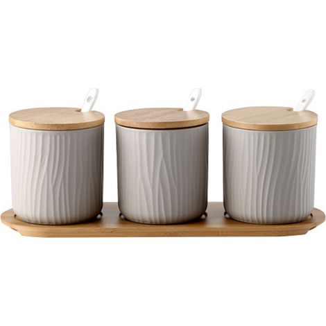 2 pots à épices en céramique, 300 ml, couvercle et cuillère en bambou, design minimaliste moderne, pour sucre, sel, thé et épices (1/5)