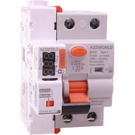A2ZWORLD RCCB Interruttore Differenziale Puro Connesso WiFi Con Riarmo Automatico Tipo F 1P+N 3M 6000A 30mA AC 230V IP20 IEC61008-1 GYL9, Disponibili 16A 25A 32A 40A 63A (63A)