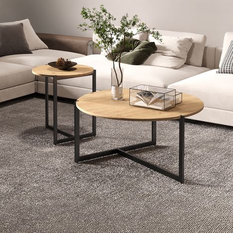 Lot de 2 tables basses rondes 80 et 45 cm effet bois (1/5)