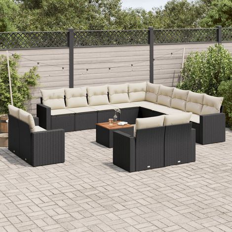 Ensemble de canapé de jardin 14 pièces avec coussins, en polyrotin noir