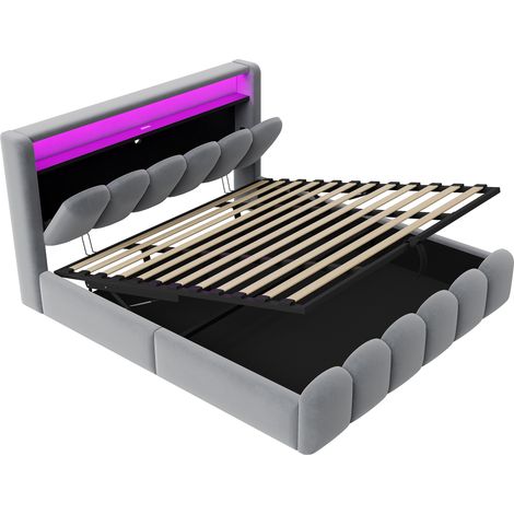 Lit rembourré 180200, avec rangement hydraulique et rangement dans la tête de lit, lit double, tissu velours, avec ports USB et Type-C, avec LED, velours doux et design à pétales, gris (O (1/5)