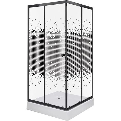 Pack paroi de douche + receveur PIXEL SQ BL 2 portes coulissantes et 2 verres fixes sérigraphié profilé noir mat 80 x 80 cm