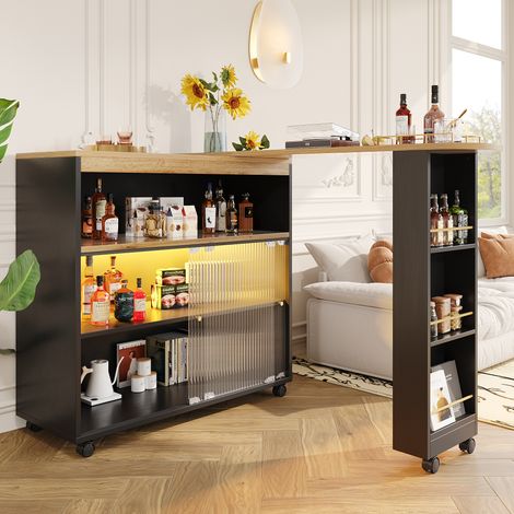 Tavolo bar allungabile in MDF nero con contenitore e LED, 138-204x39x105 cm