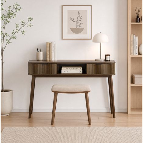 Console vintage style mid-century avec 2 tiroirs et niche ouverte, effet noyer, 120 cm, REDOM (1/5)