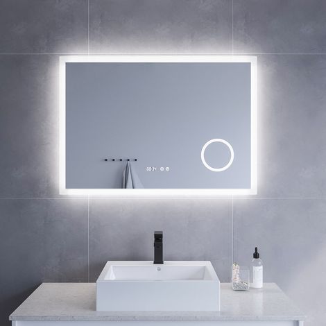 Badspiegel mit LED Beleuchtung Licht und Uhr 100x70cm ECHOS Typ D Kosmetikspiegel Digital Uhr Touch Sensor Dimmbar Spiegelheizung Kaltweiß 6400K AQUABATOS (1/5)