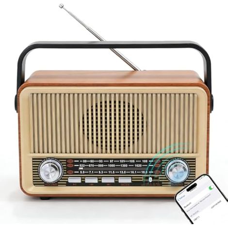 Radio rétro avec Bluetooth, à piles ou avec câble d'alimentation, radio de cuisine nostalgique, avec batterie de 1000 mAh, prise en charge USB/TF/AUX, portable, rétro, pour la maison et les personnes (1/5)