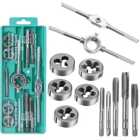 12-Piece Metric Tap and Die Set M3-M12 Steel Kit with Fluted Taps, Thread Dies, and Screw Extractors for Metal Thread Repair (1/4)