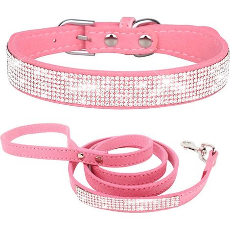 Ensemble Collier et Laisse pour Petit Chien Chiot et Chat Chaton avec Paillette Strass Diamant Cristal Fantaisie - Rose XXS (1/4)