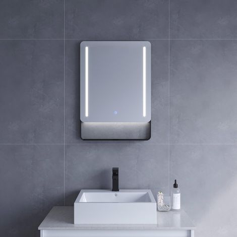 Badezimmer Spiegel mit Beleuchtung und Ablage in schwarz 50 x 70 cm Badspiegel mit hochwertigen Aluminiumrahmen Badezimmerspiegel mit LED Licht Spiegelheizung Touch Schalter Dimmbar für Wandschalter (1/5)